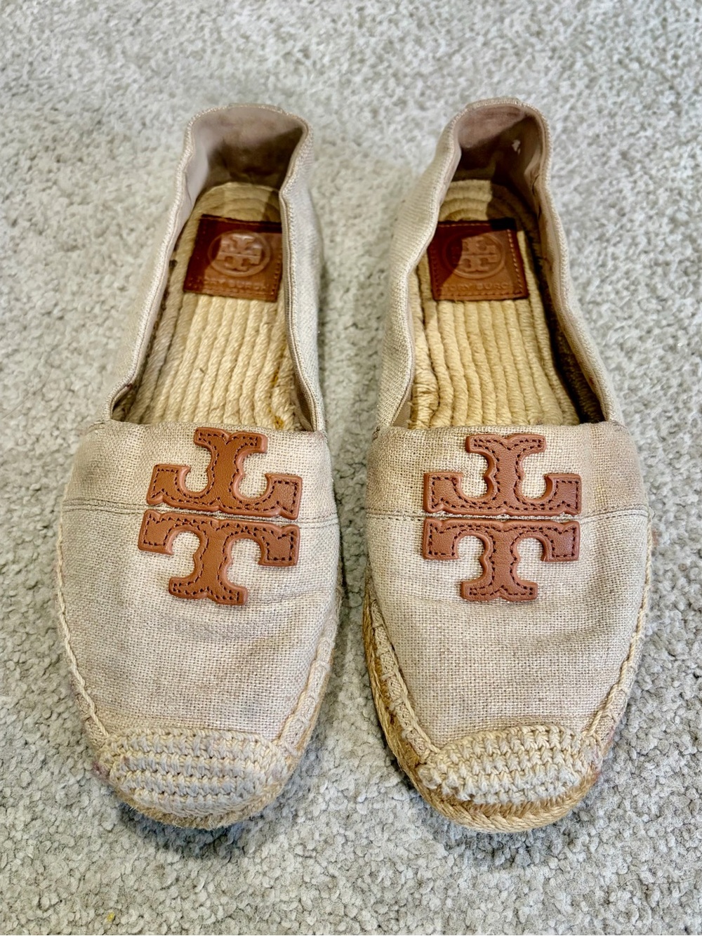 Tory Burch Beige Canvas Espadrille Flats with Brown Leather Logo, Women’s Size 7